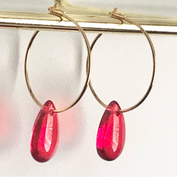 New Bright Red Pomegranate Seed Blood Drop Drip Unique Handmade Hoop Earrings - Picture 7 of 9